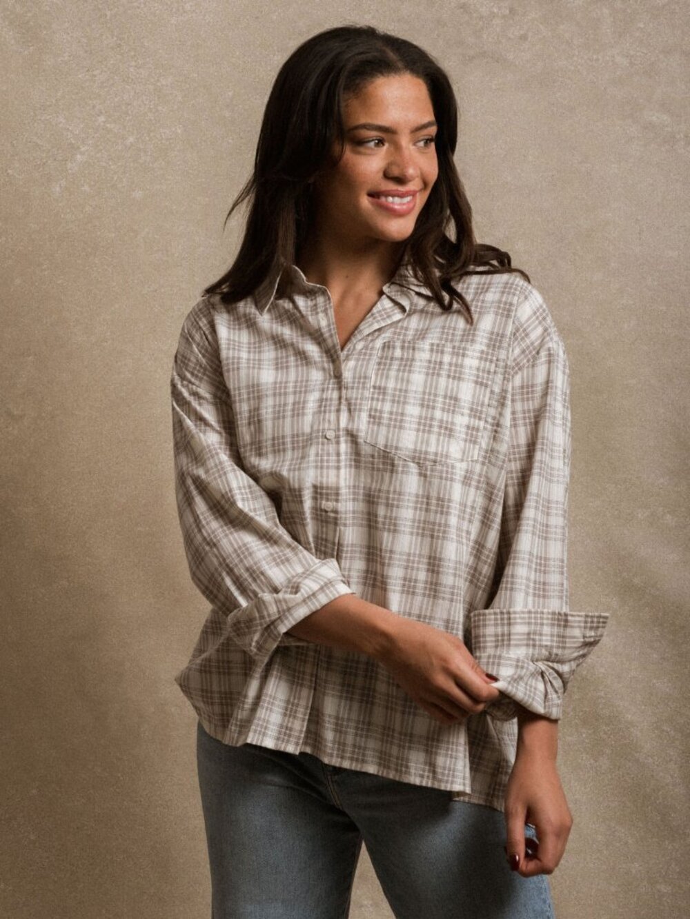 Neuflora Slouchy Oversized Plaid Button Up Shirt Minimalist Layering Size S NWT